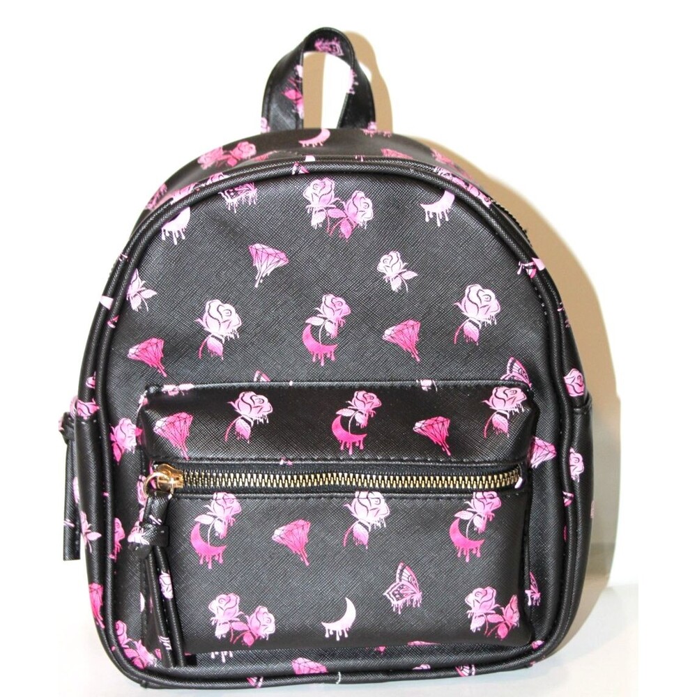Under One Sky Faux Leather Mini Backpack Blk Pink Rose Blood Moon Diamond Design